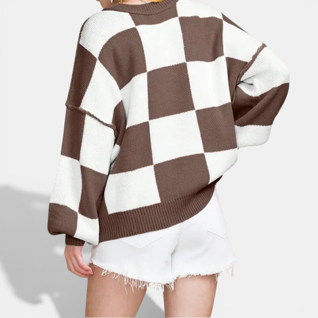 DOVIMA™ – Cozy Plaid Drop-Shoulder Knitted Sweater