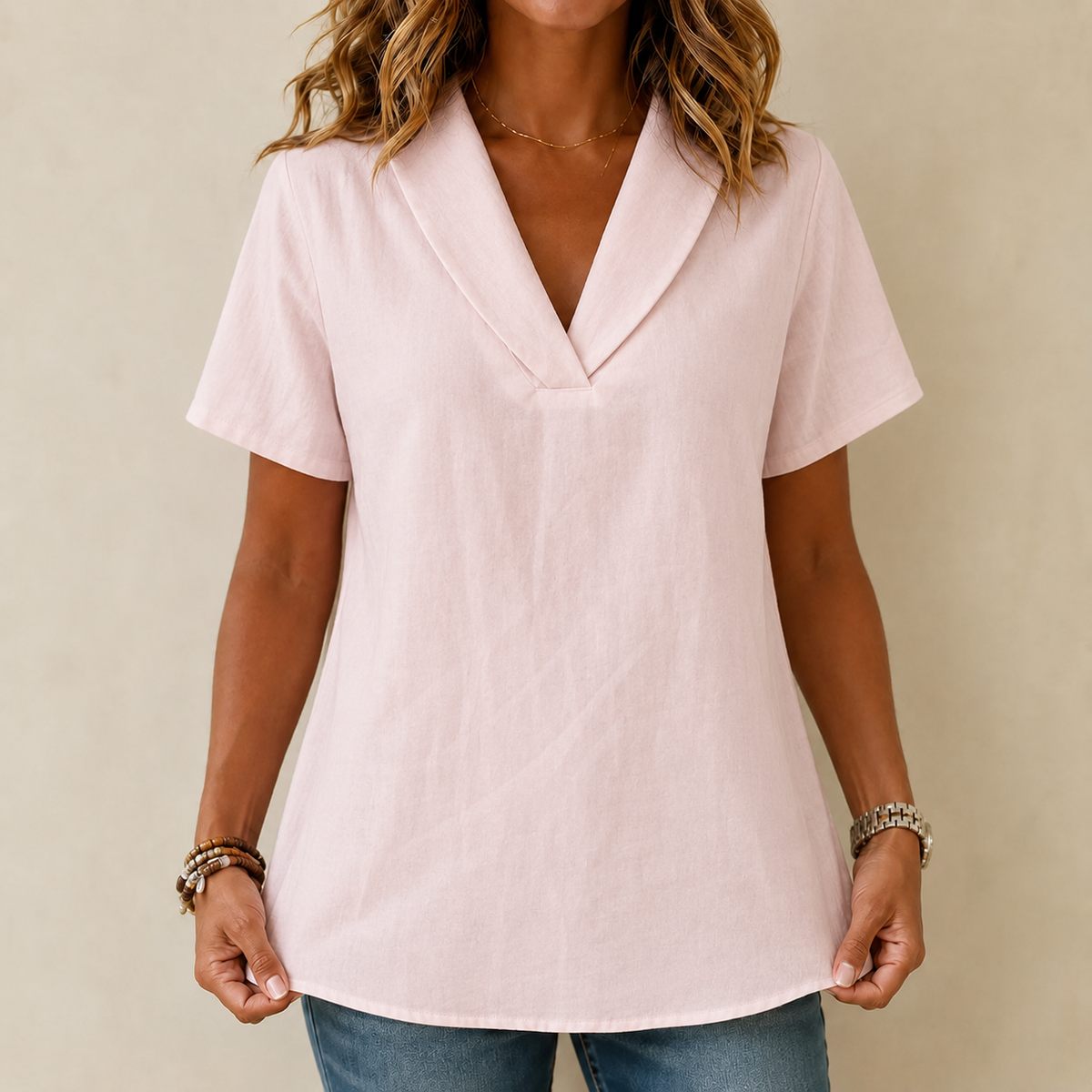 Sevella – Women's textured shawl V-neck summer tee, loose fit