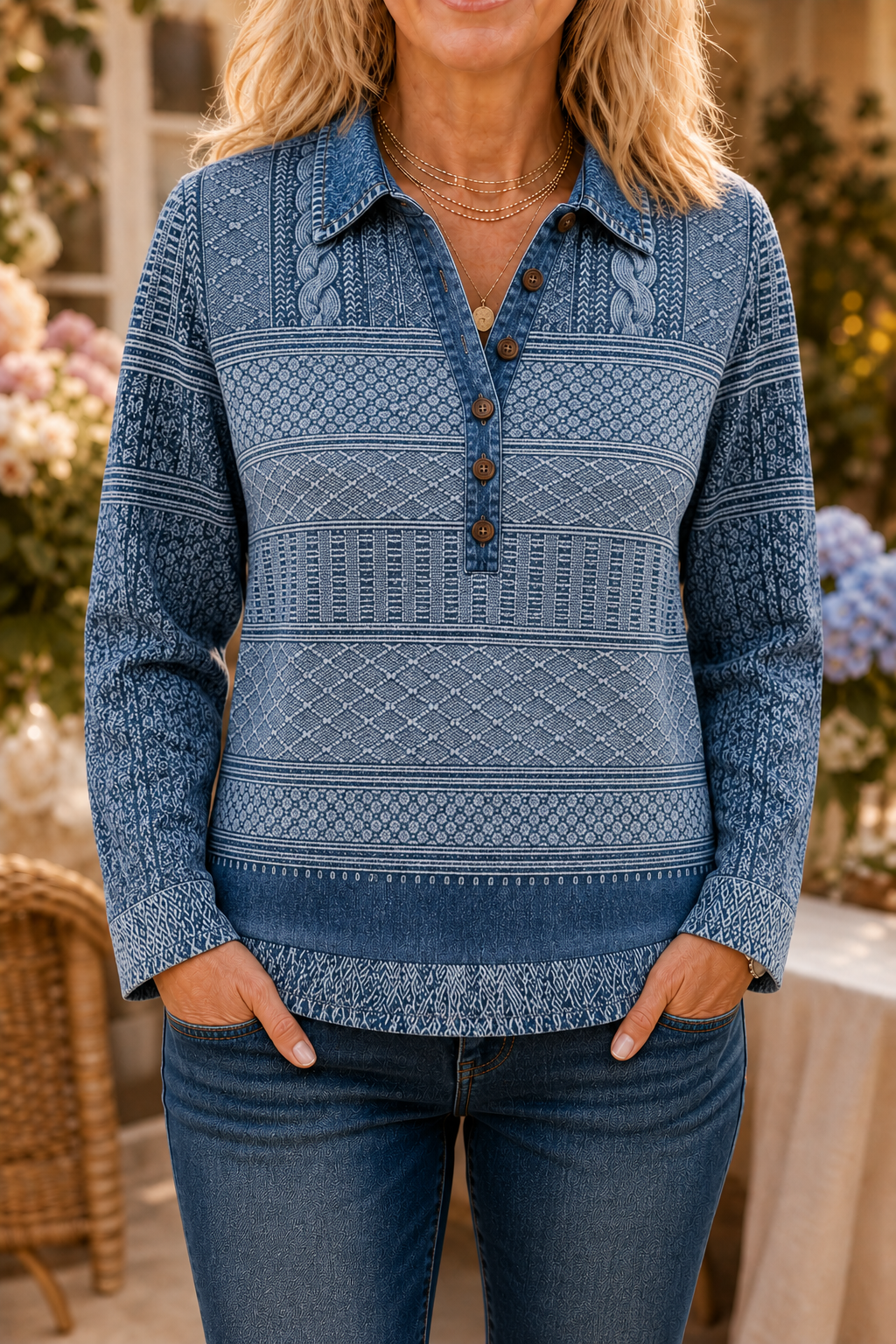 Layerlyn – Denim Patchwork Textured Knit Blouse
