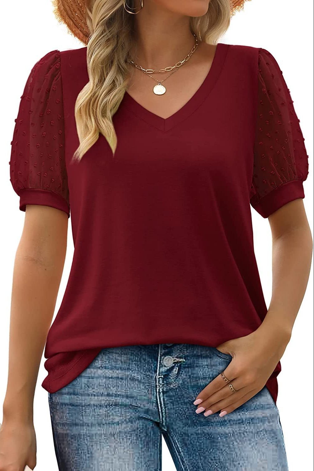 Kirra | Sheer-Sleeve V-Neck Blouse