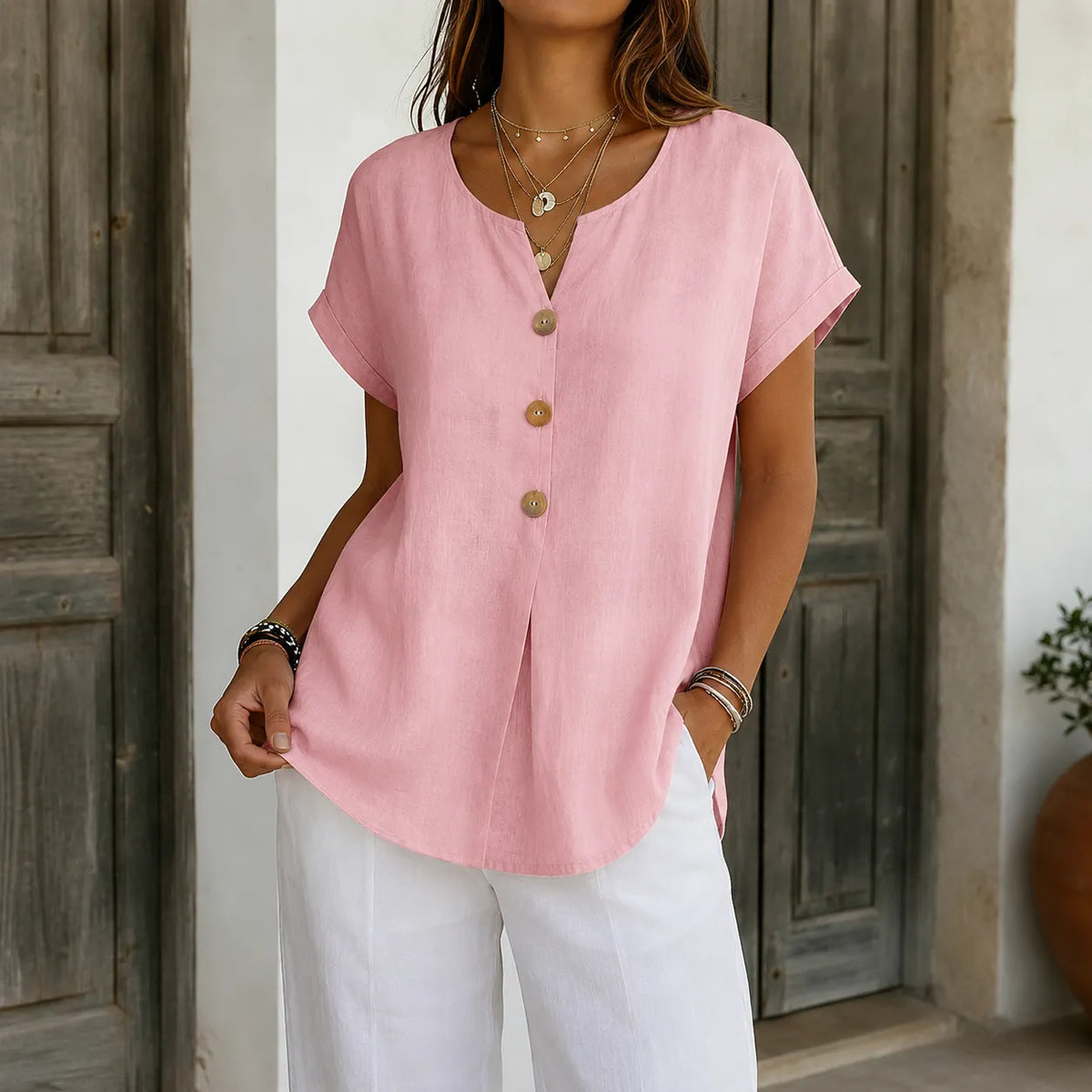 Solene – Relaxed V-Neck Blouse with Wood-like Buttons for Women