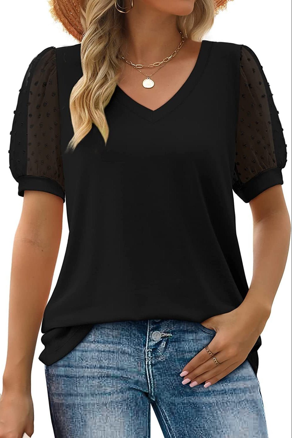 Kirra | Sheer-Sleeve V-Neck Blouse