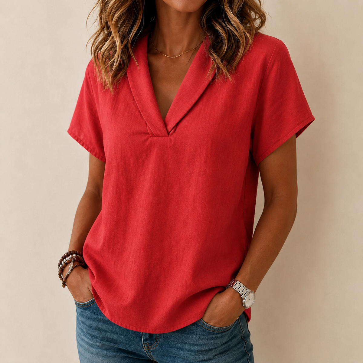 Sevella – Women's textured shawl V-neck summer tee, loose fit