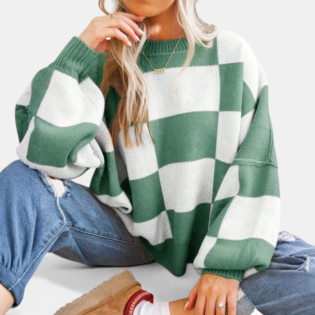 DOVIMA™ – Cozy Plaid Drop-Shoulder Knitted Sweater