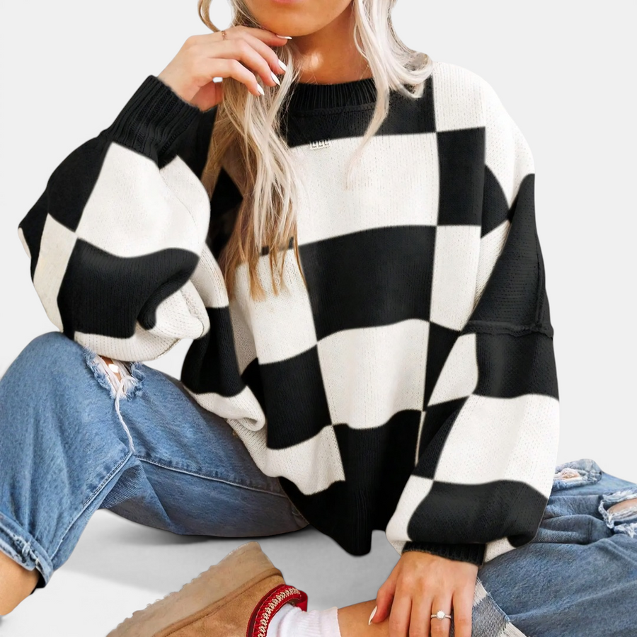 DOVIMA™ – Cozy Plaid Drop-Shoulder Knitted Sweater