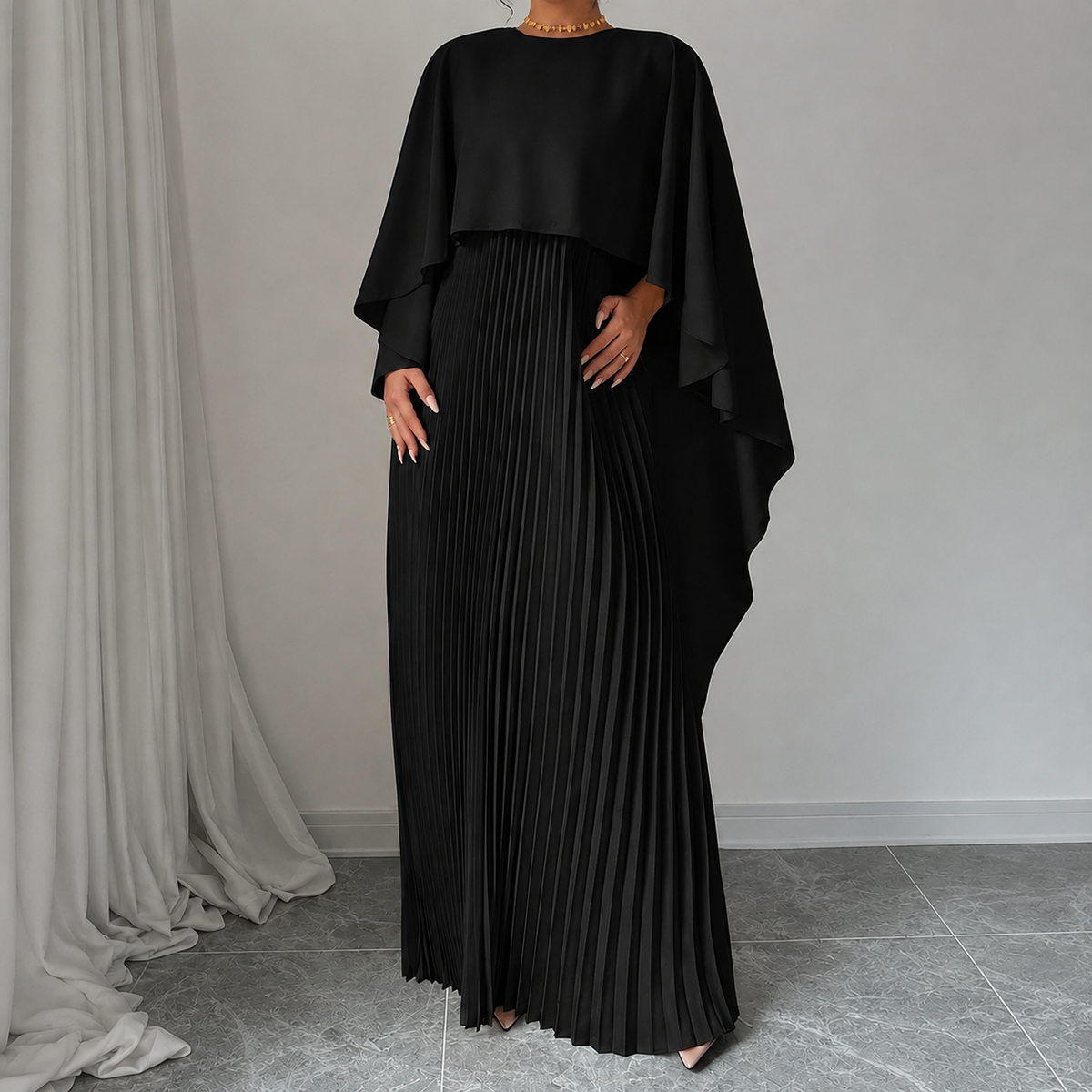 Maravelle | Pleated Cape Dress