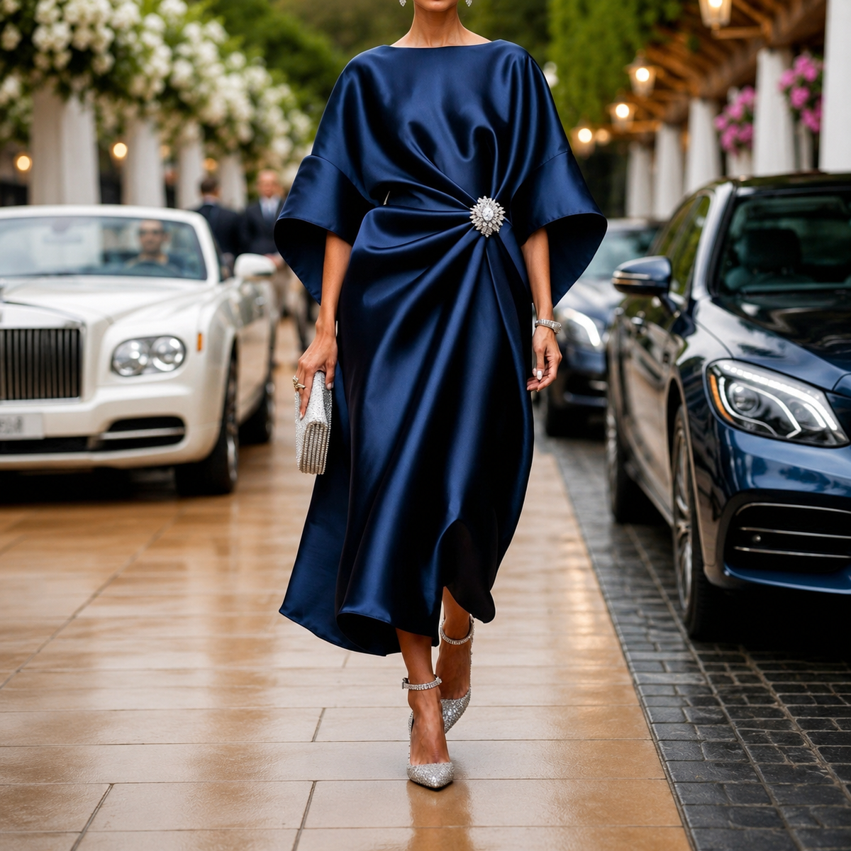 Georgia | Satin Brooch Midi Dress