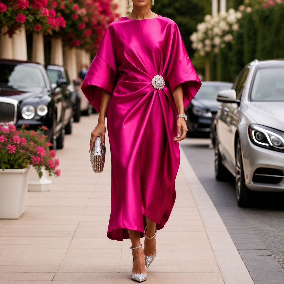 Georgia | Satin Brooch Midi Dress