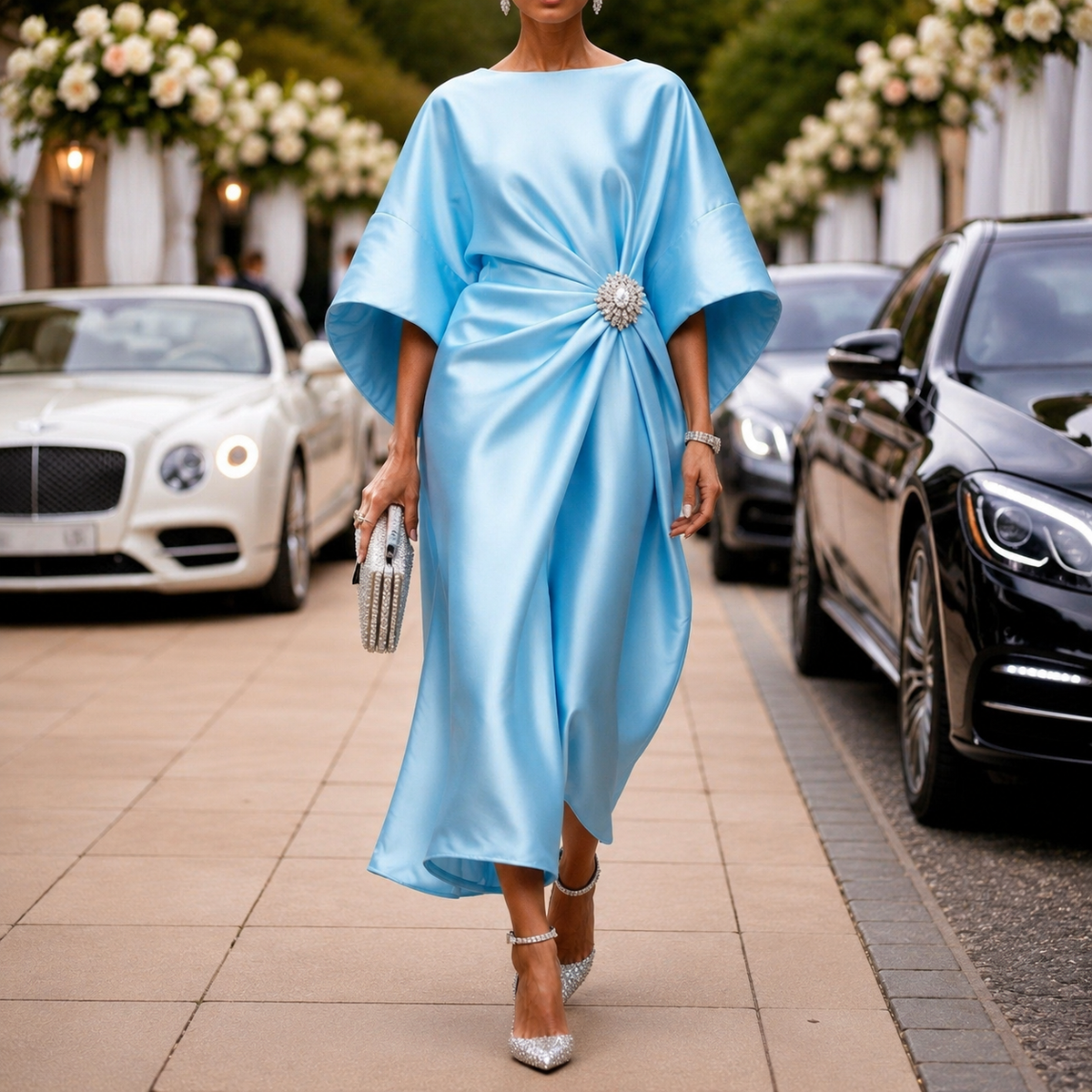Georgia | Satin Brooch Midi Dress