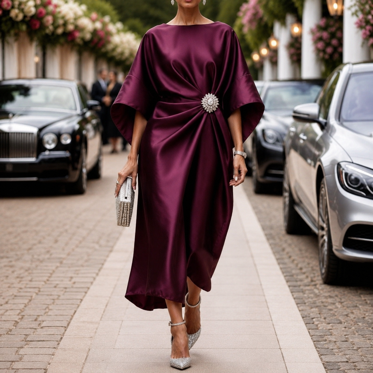 Georgia | Satin Brooch Midi Dress