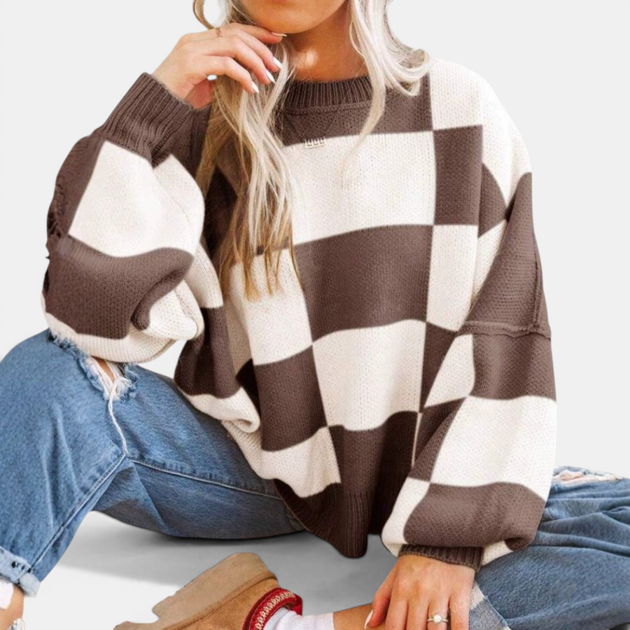 DOVIMA™ – Cozy Plaid Drop-Shoulder Knitted Sweater