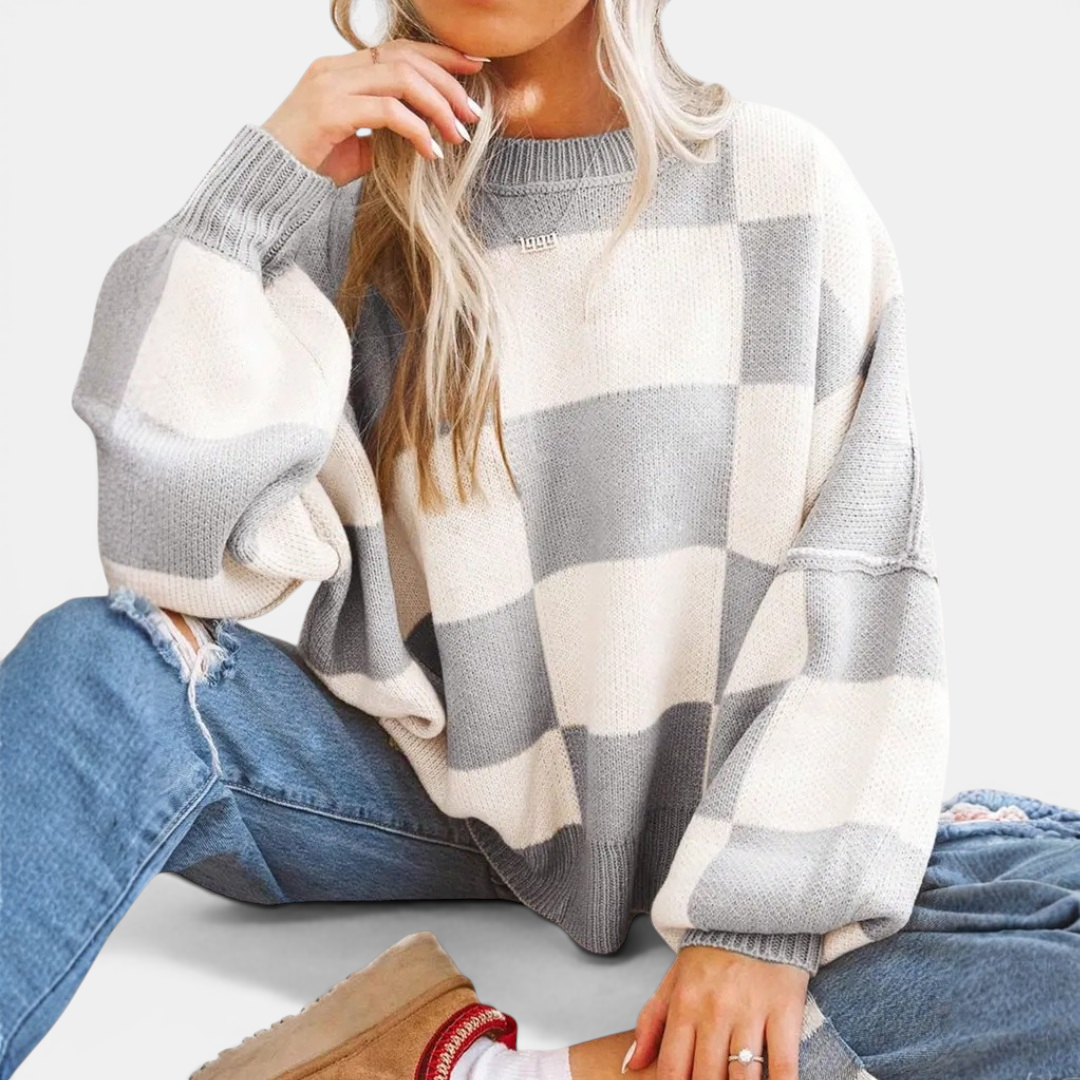 DOVIMA™ – Cozy Plaid Drop-Shoulder Knitted Sweater