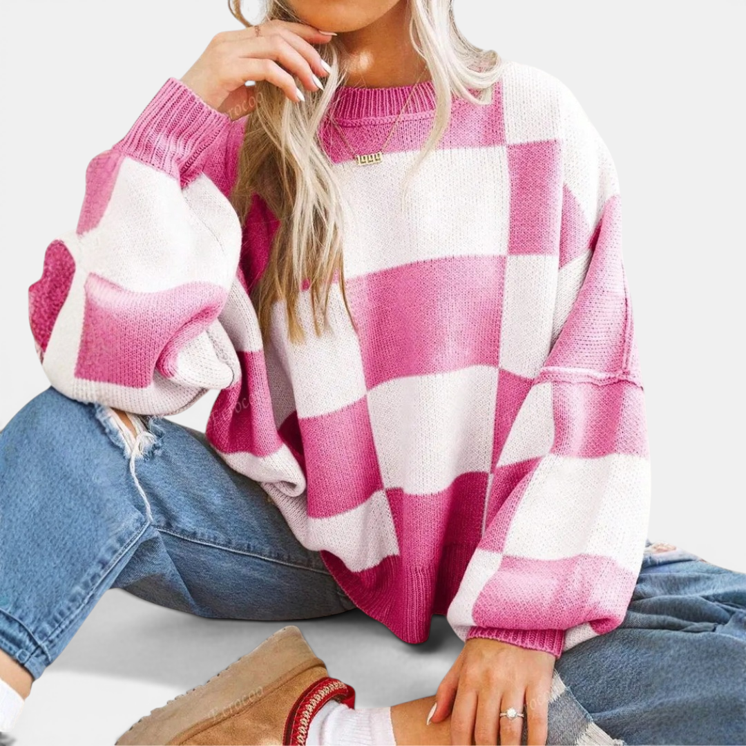 DOVIMA™ – Cozy Plaid Drop-Shoulder Knitted Sweater