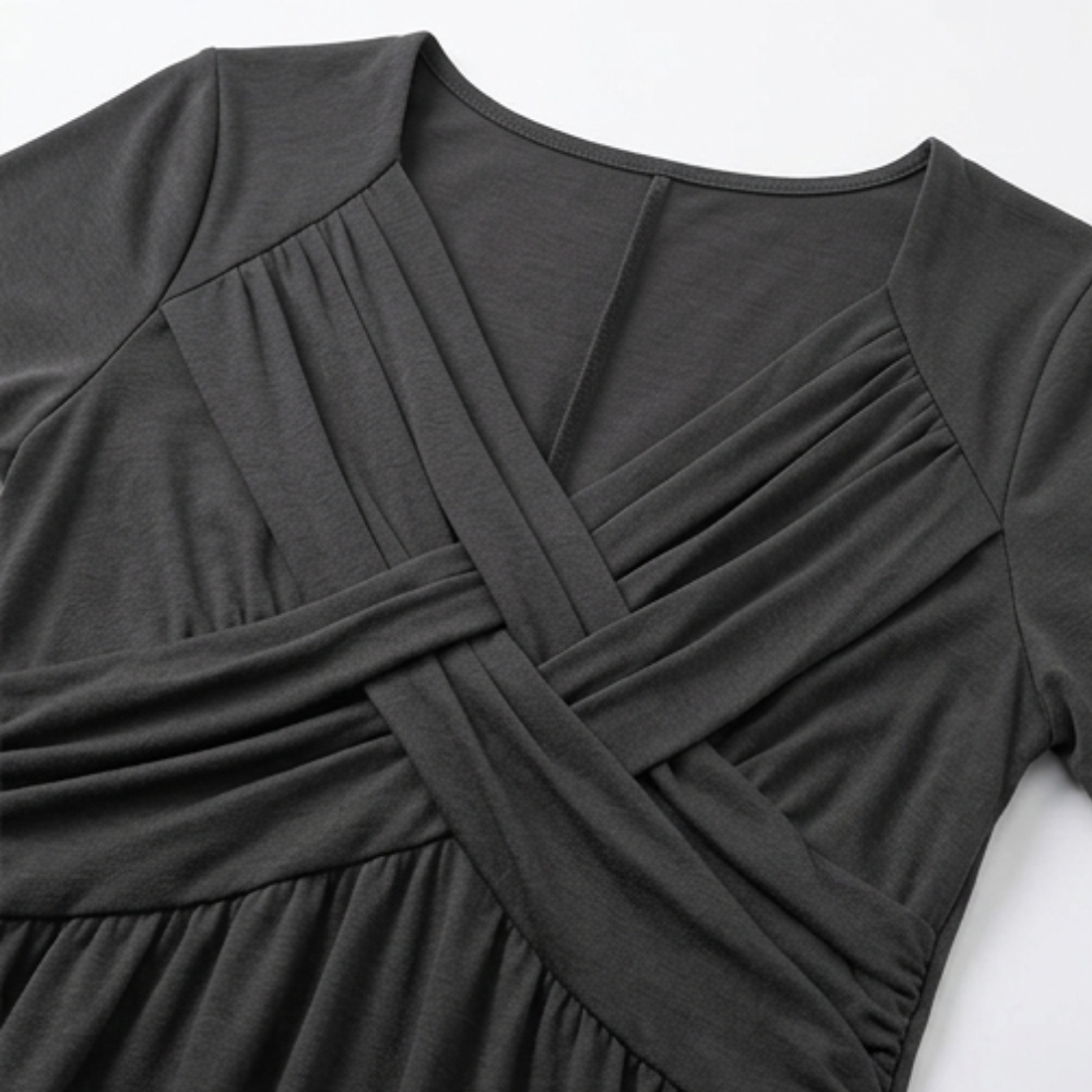 Veluna | Crossover V-Neck Midi Dress with Pockets
