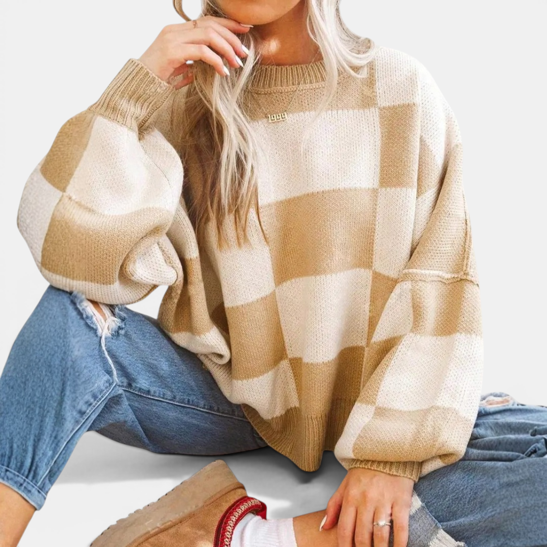 DOVIMA™ – Cozy Plaid Drop-Shoulder Knitted Sweater