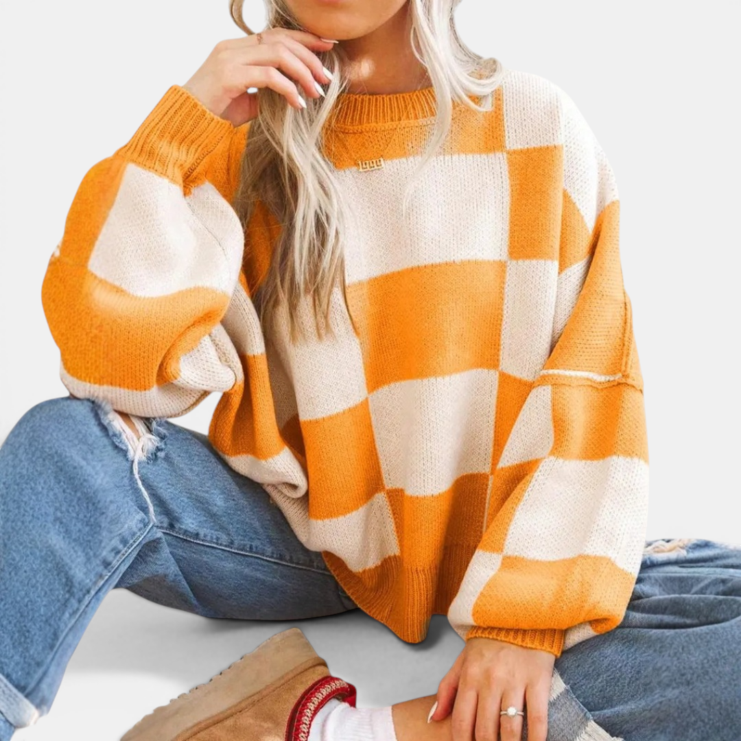 DOVIMA™ – Cozy Plaid Drop-Shoulder Knitted Sweater