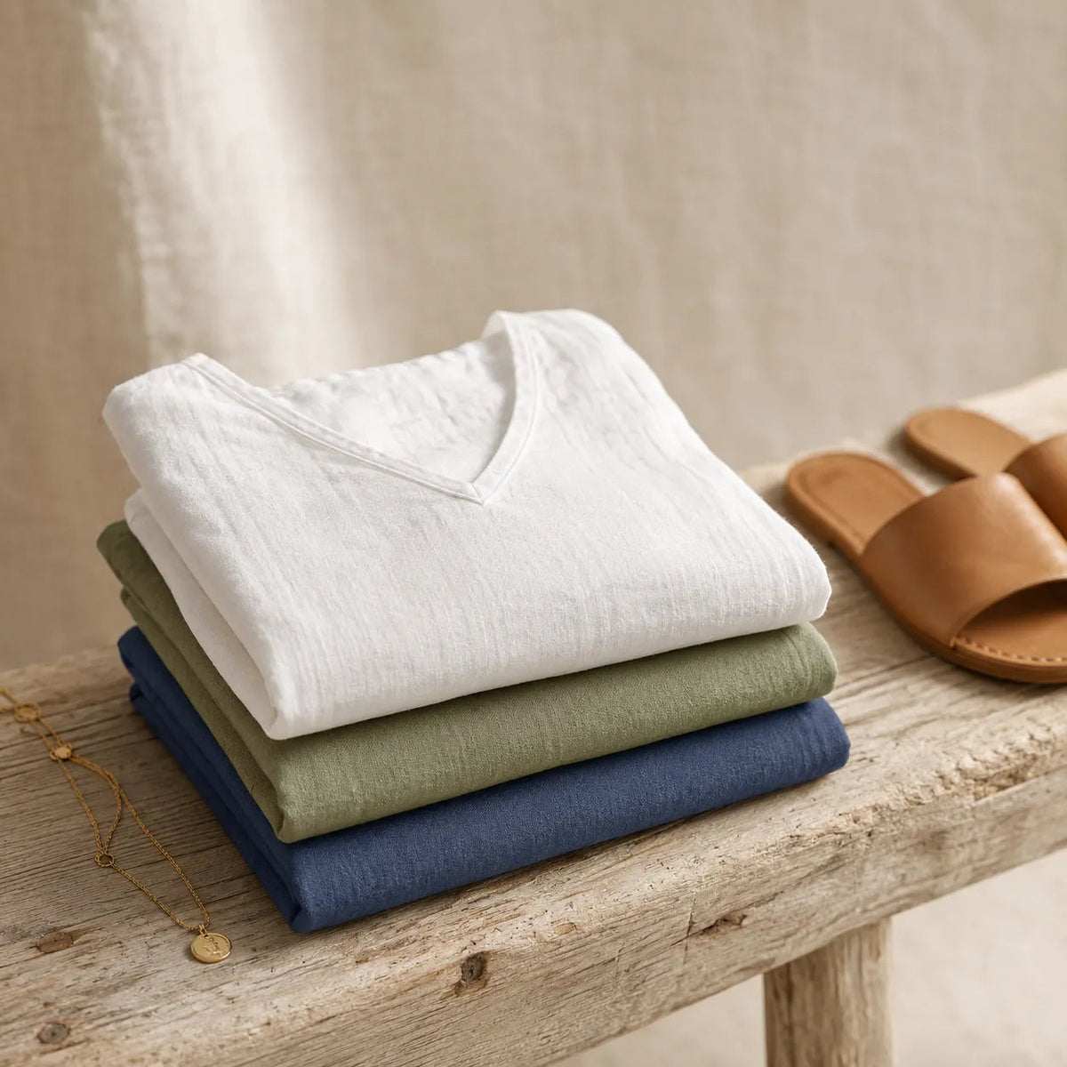 Linvie – Loose V-Neck Linen-Look Blouse with Three-Quarter Sleeves