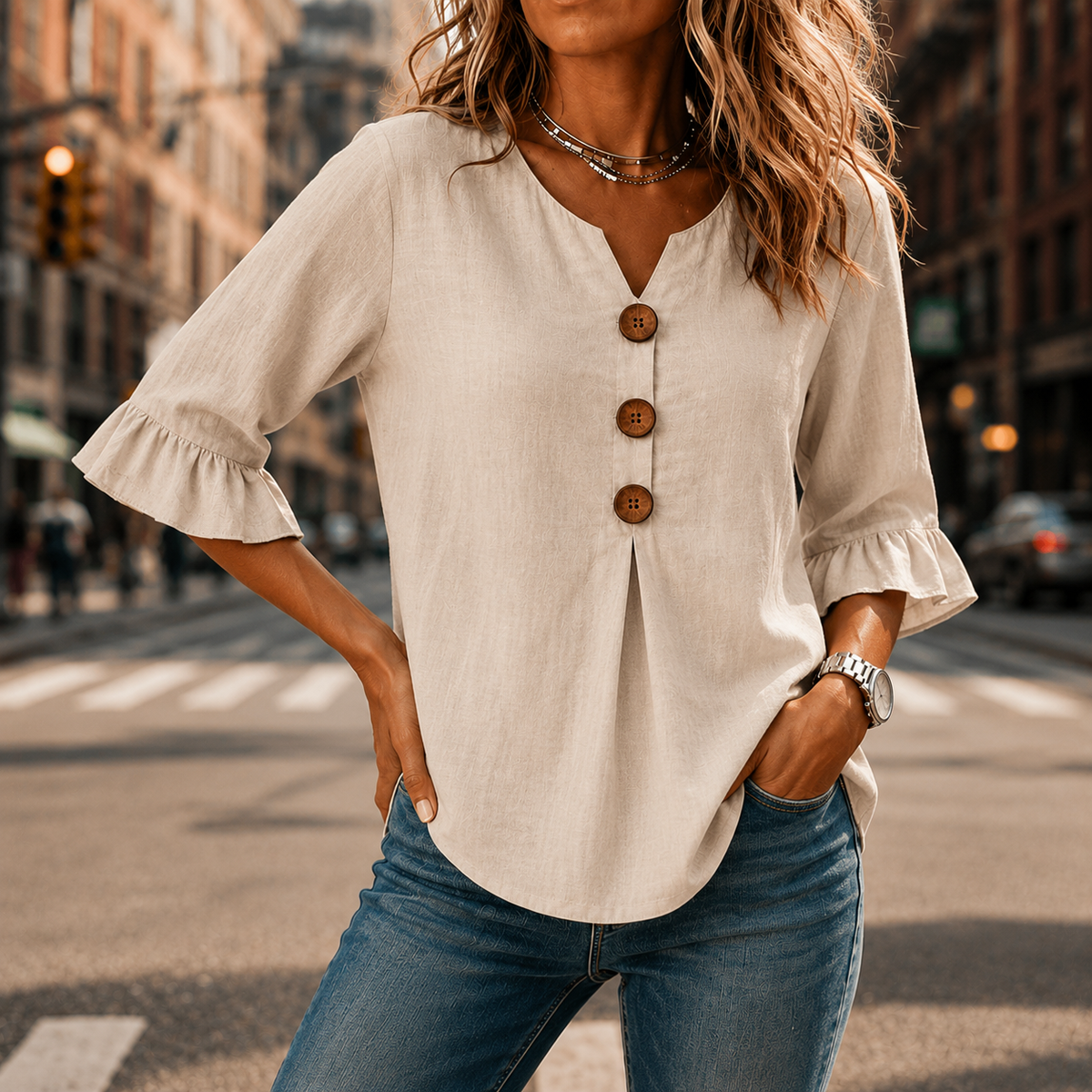 Laurelle – V-Neck Ruffle Sleeve Blouse with Buttons