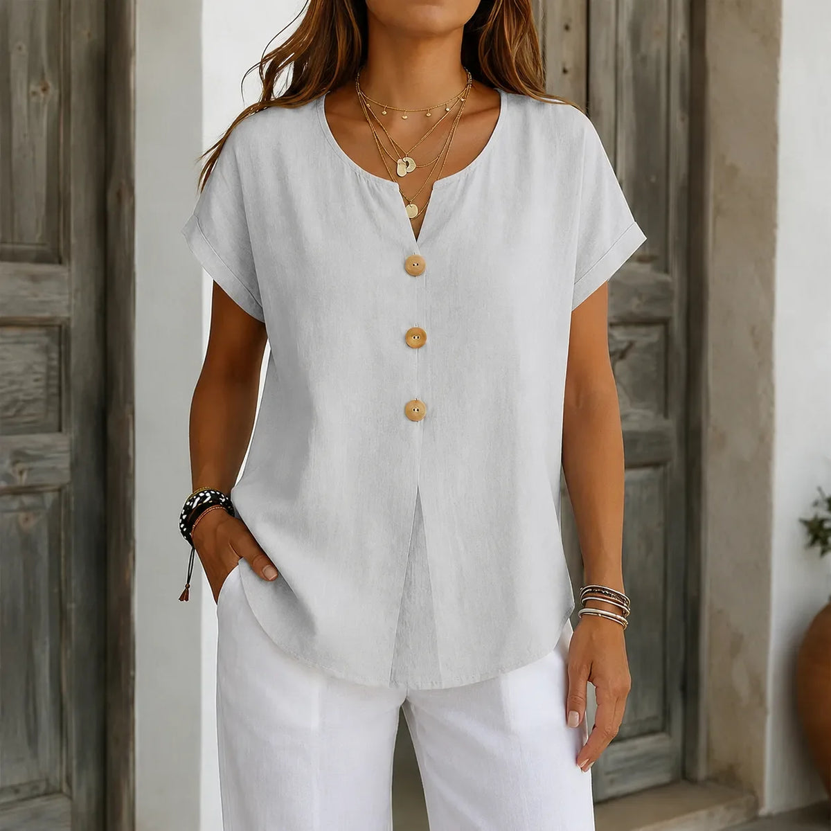 Solene – Relaxed V-Neck Blouse with Wood-like Buttons for Women