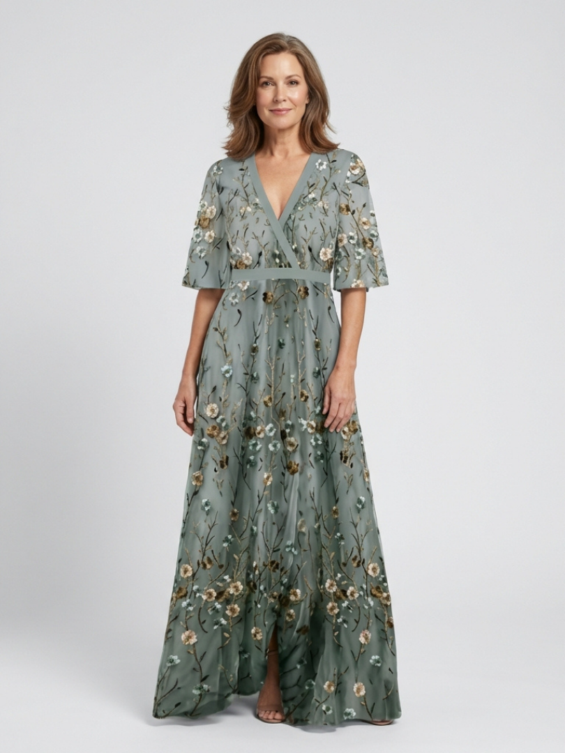 Sophie™ | Floral V Neck Short Sleeve Maxi Dress