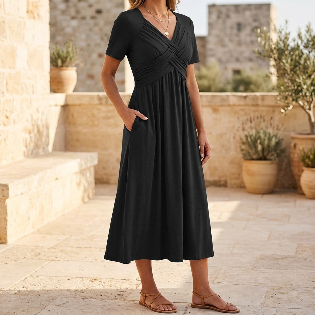 Veluna | Crossover V-Neck Midi Dress with Pockets