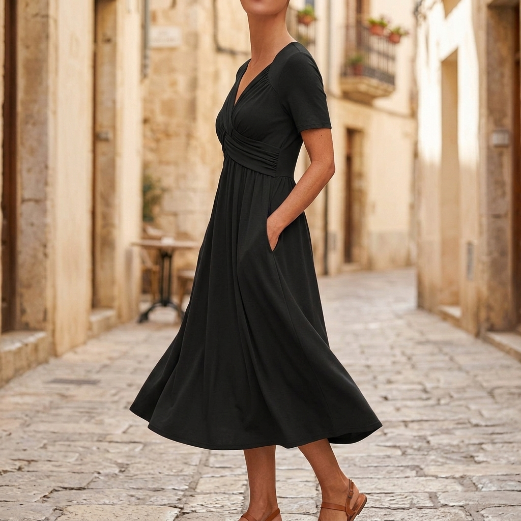 Veluna | Crossover V-Neck Midi Dress with Pockets