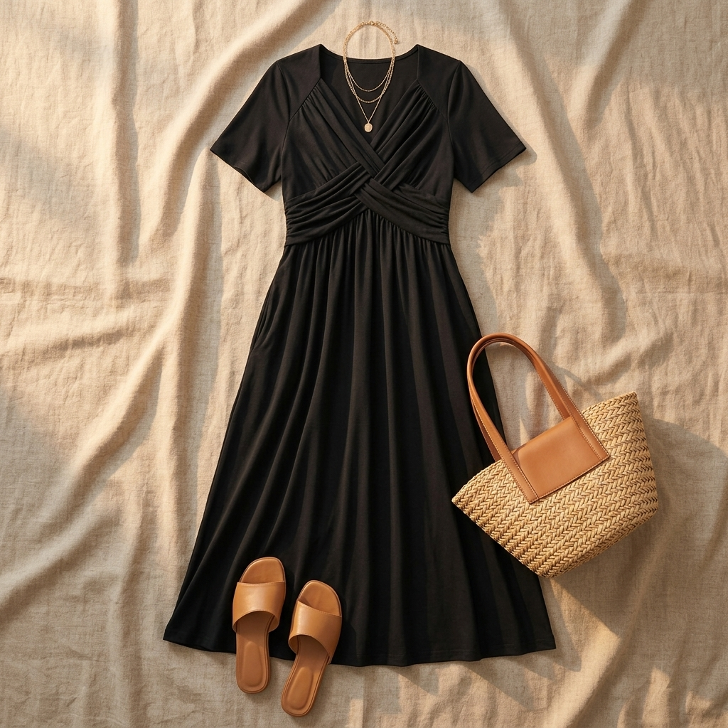 Veluna | Crossover V-Neck Midi Dress with Pockets