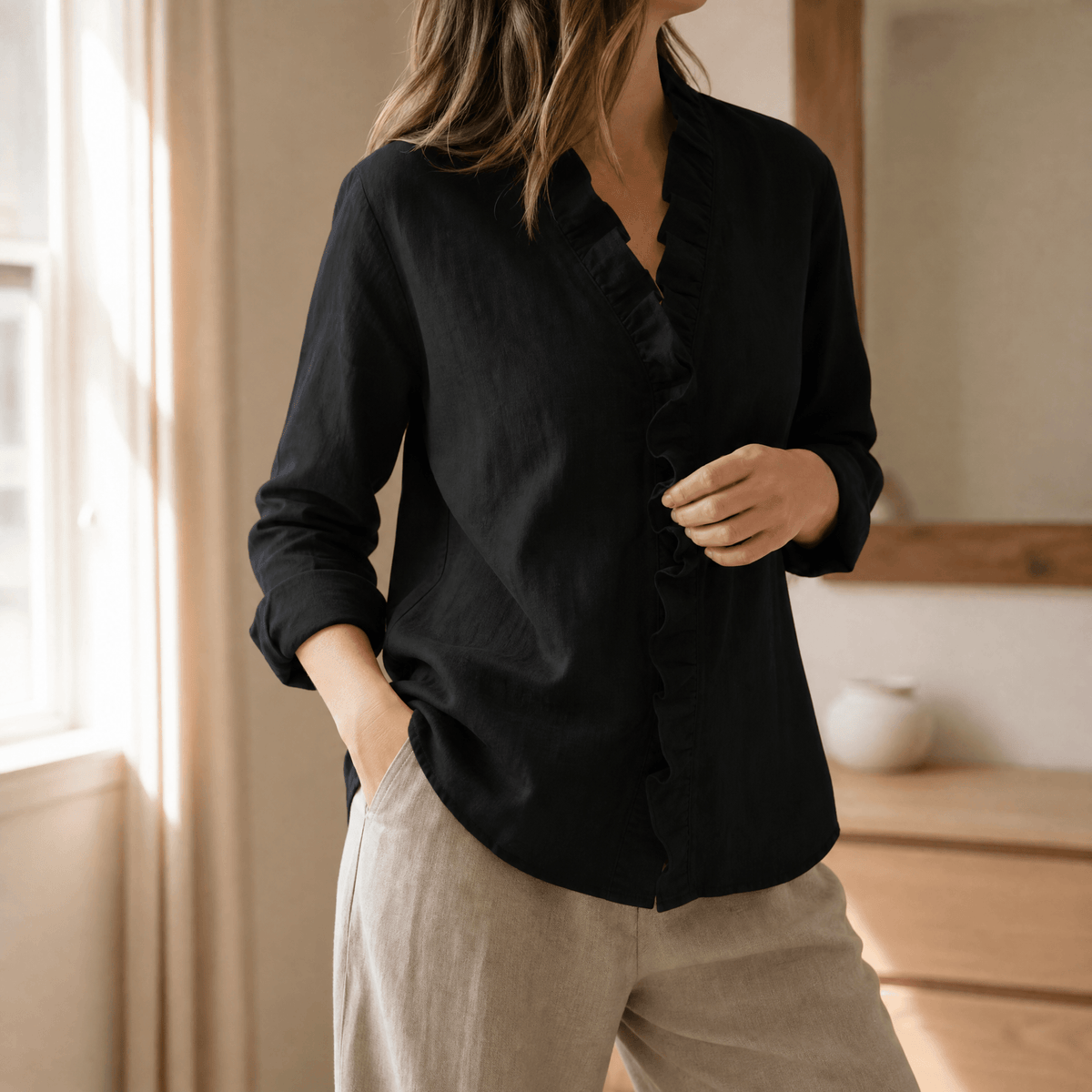 Roselle – Soft Ruffle V-Neck Long Sleeve Blouse