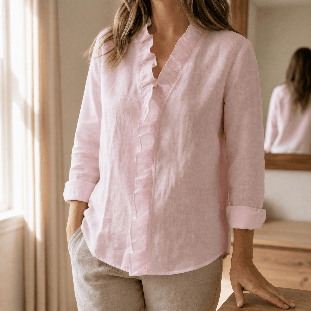 Roselle – Soft Ruffle V-Neck Long Sleeve Blouse