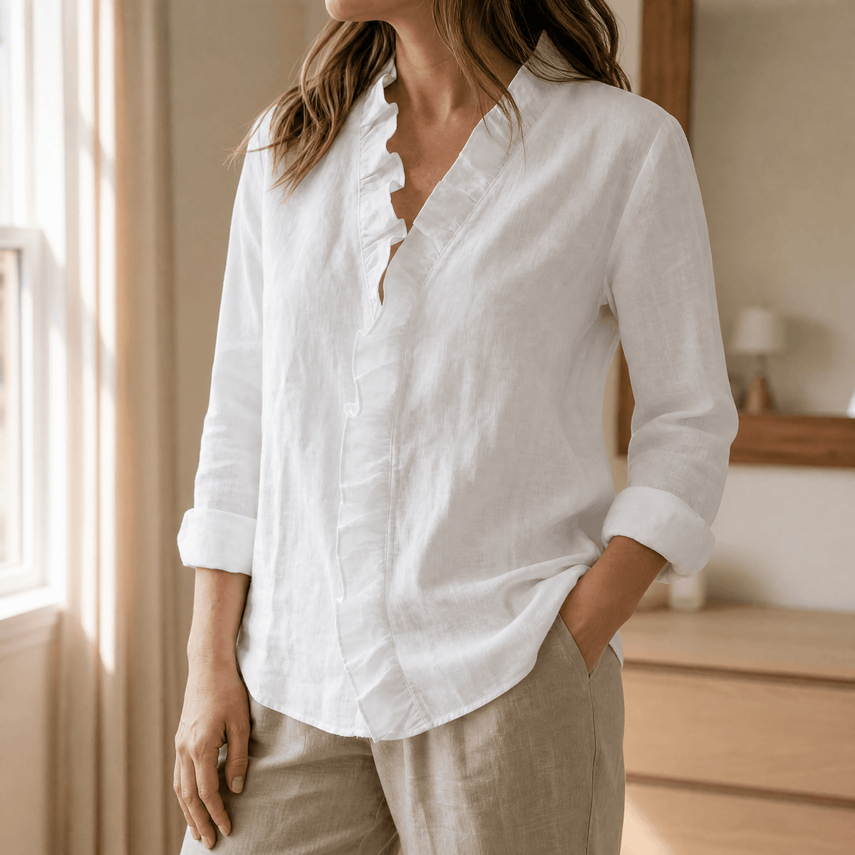 Roselle – Soft Ruffle V-Neck Long Sleeve Blouse