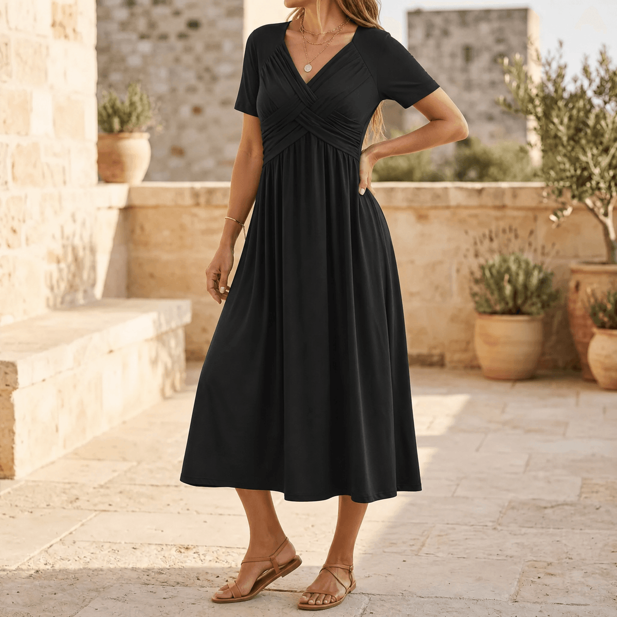 Veluna | Crossover V-Neck Midi Dress with Pockets