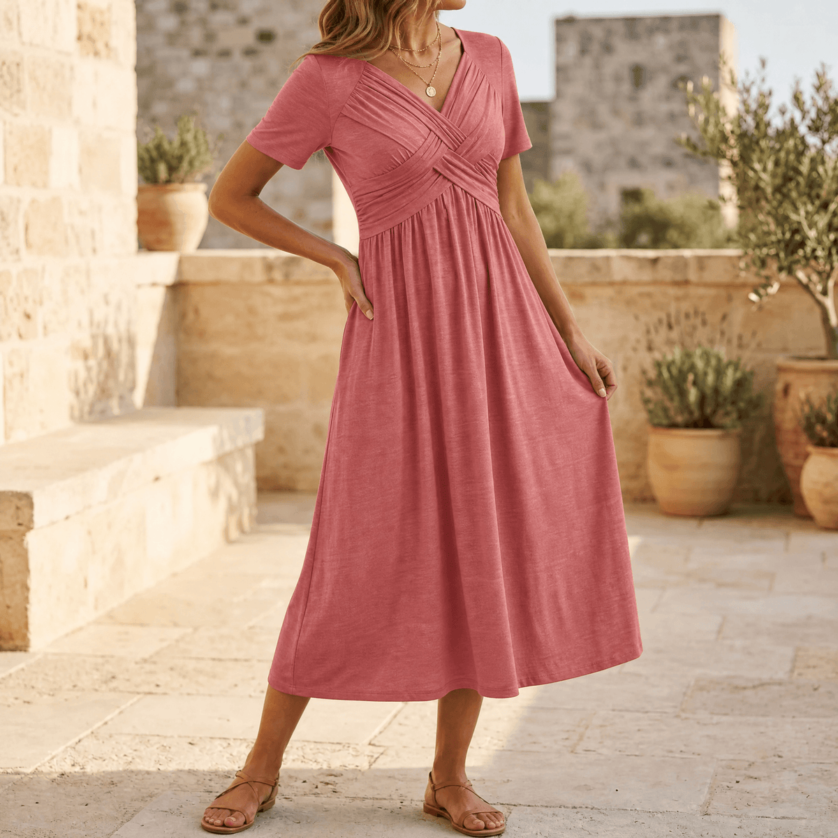 Veluna | Crossover V-Neck Midi Dress with Pockets