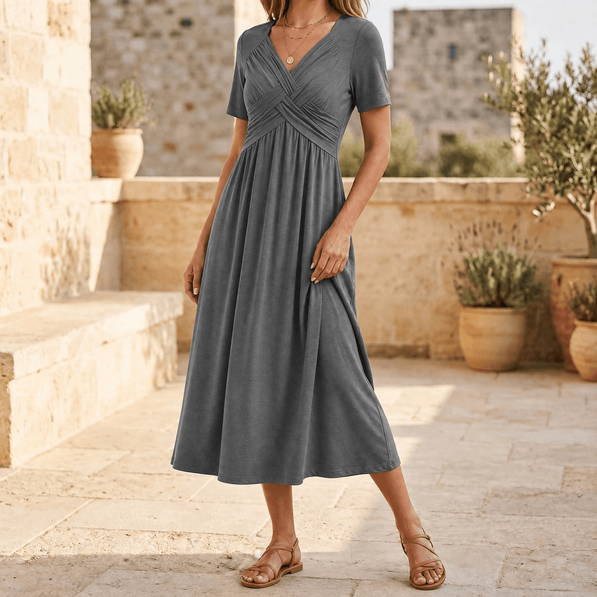 Veluna | Crossover V-Neck Midi Dress with Pockets