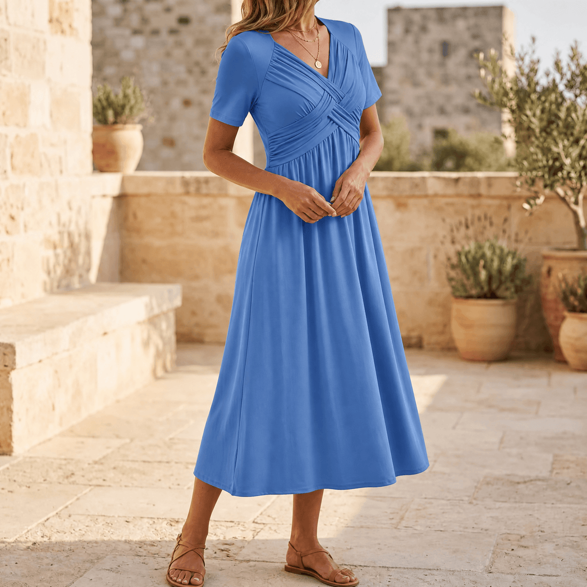 Veluna | Crossover V-Neck Midi Dress with Pockets