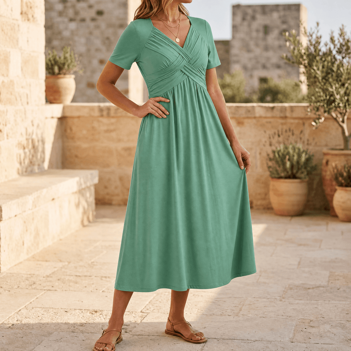 Veluna | Crossover V-Neck Midi Dress with Pockets