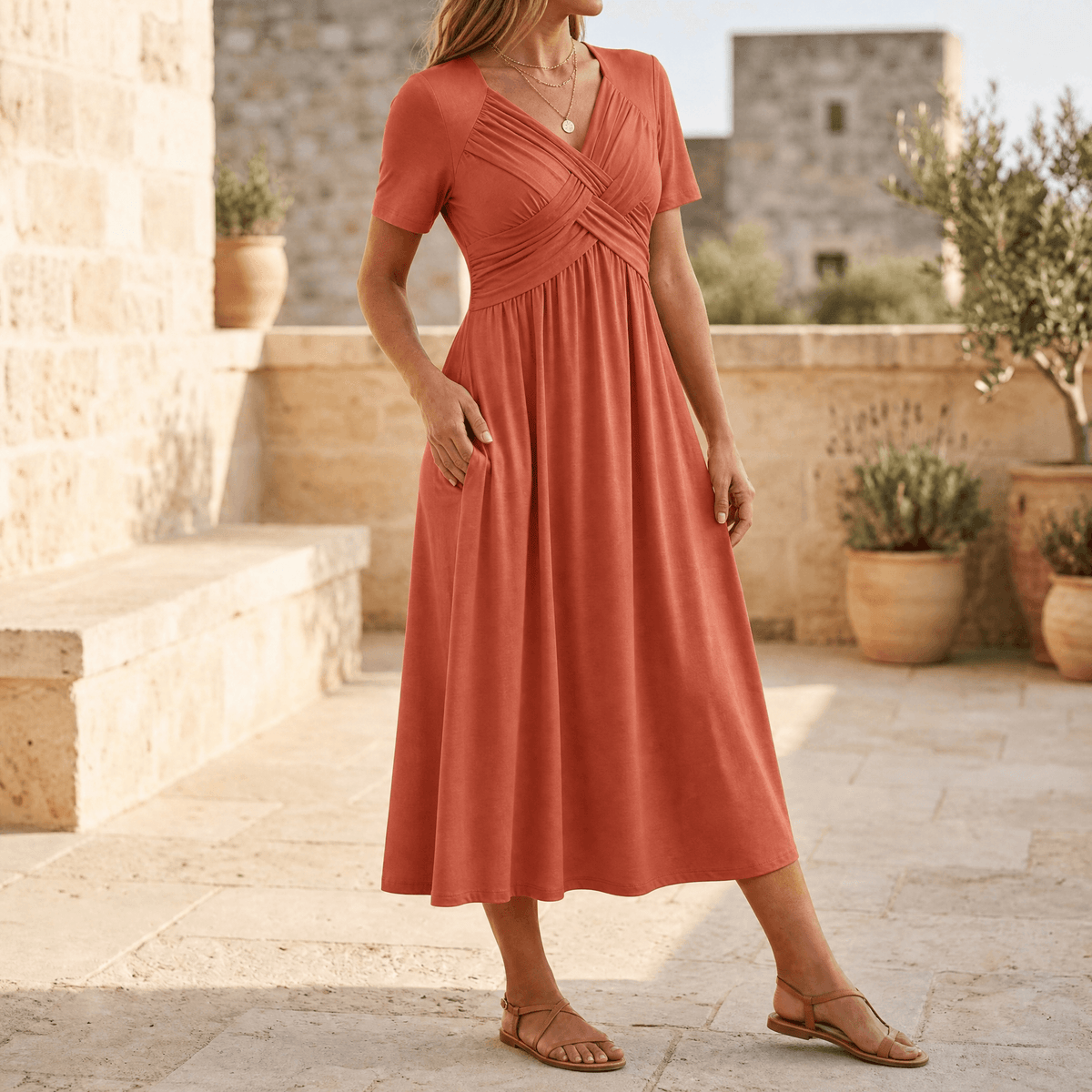 Veluna | Crossover V-Neck Midi Dress with Pockets